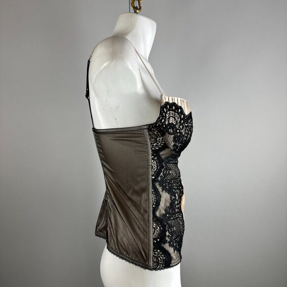 Vtg Y2K La Perla Beige Satin Pleated Black Lace Sexy Corset Bra Bralette Size 36 - Picture 2 of 6